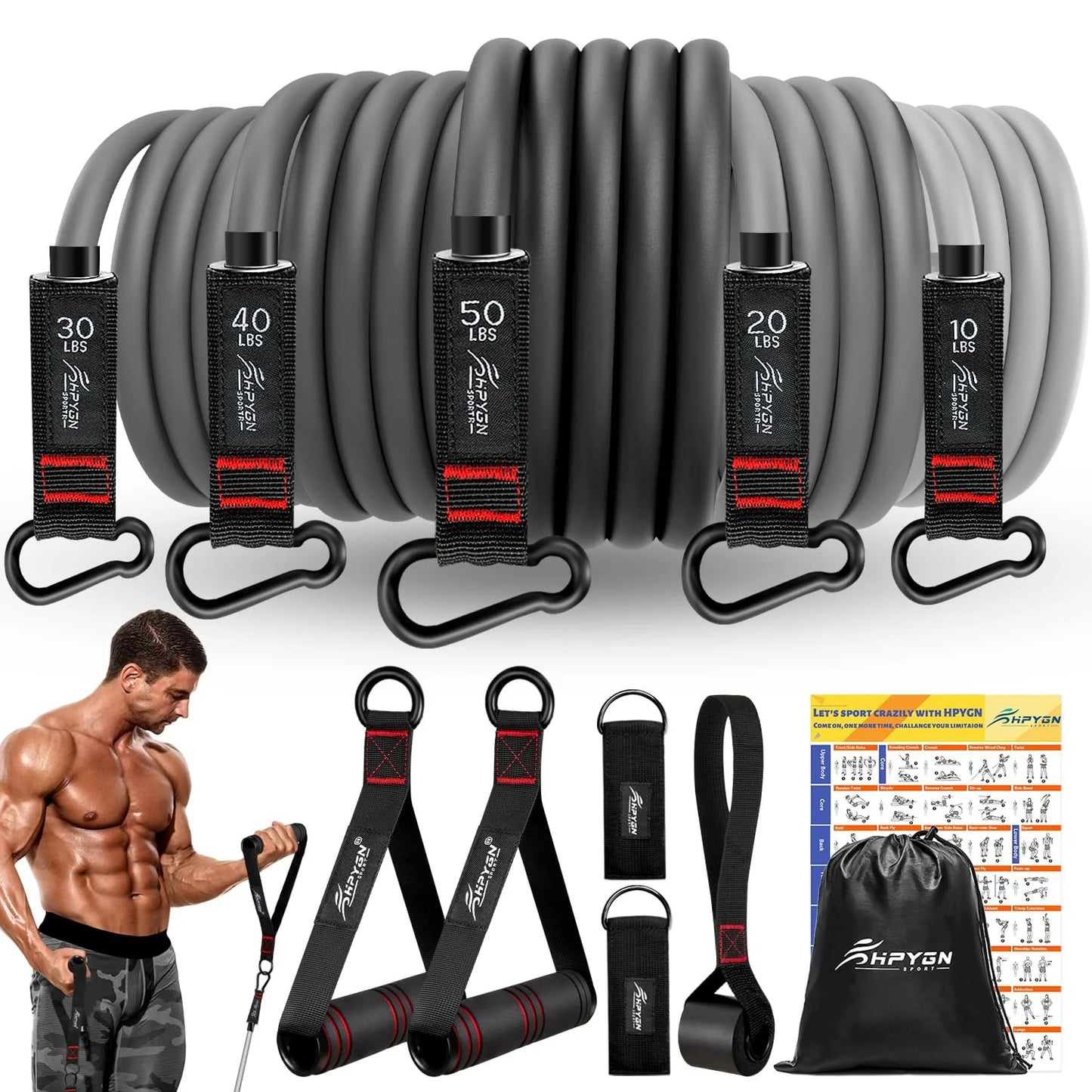 50Lb Resistance Bands Kit, Exercise Bands with Handles, for Heavy Resistance Training, Physical Therapy, Shape Body, Yoga, Home Workout Set